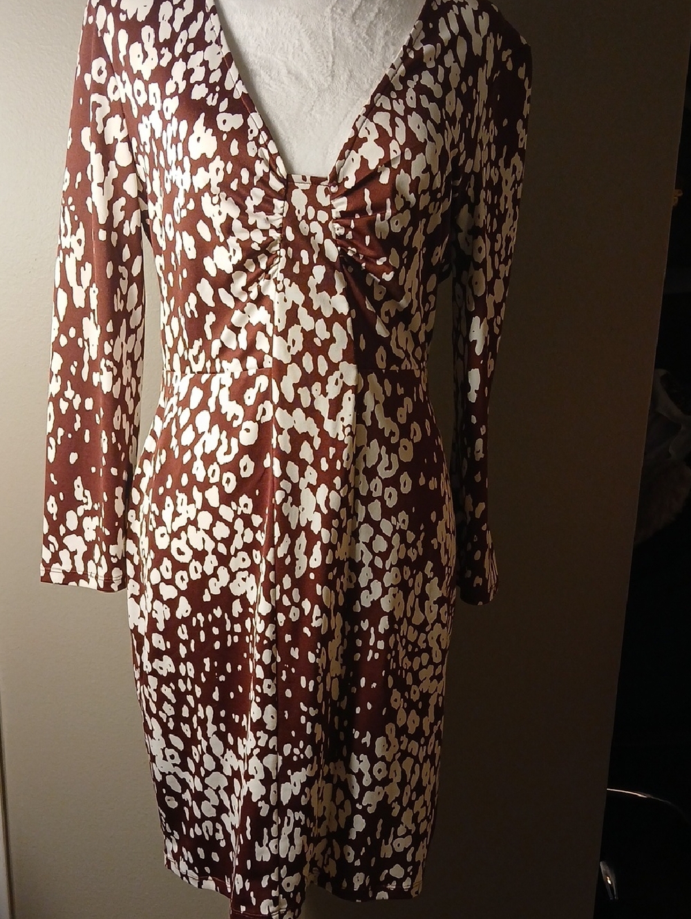 Brown and Cream Printed Long Sleeve V-Neck Dress